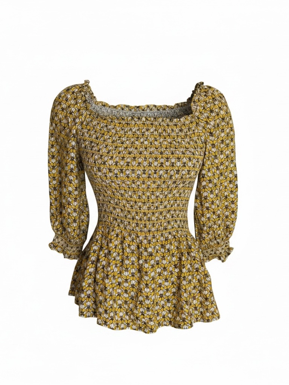Max Studio Mustard Yellow Floral Smocked Square-Neck Peplum Blouse